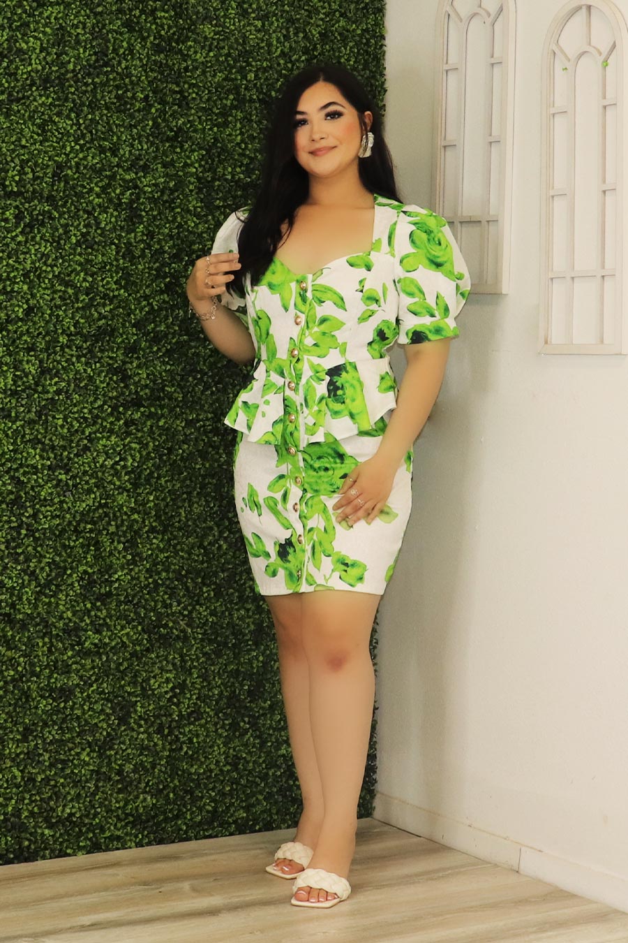 Yolani Peplum Dress Divas Boutique S / White/Green Yolani Peplum Dress Divas Boutique S / White/Green
