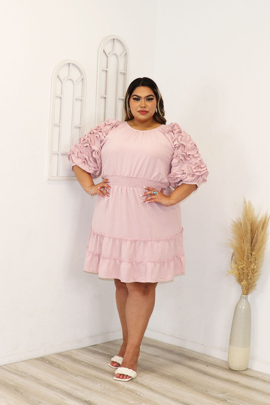 chinese dress ladies Dolly Smocked Waist Tiered Ruffle Dress Divas Plus 3XL / Light Pink