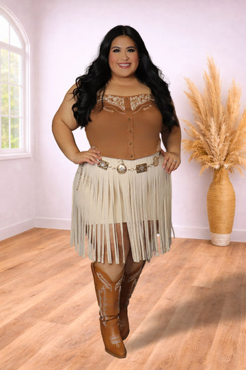 Plus Size Camel Western Fringe Skirt | Divas Fashion Boutique