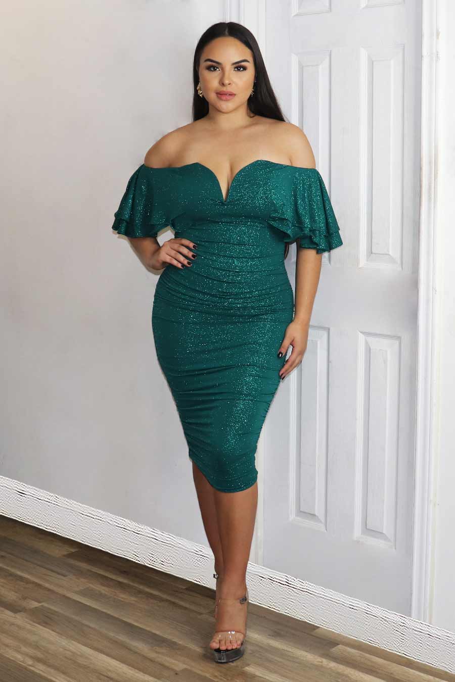 Marilu Glitter Off Shoulder Midi Dress Divas Plus Boutique