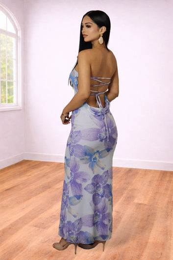 Floral Print Open Back Lace Up Maxi Dress | Divas Fashion Boutique