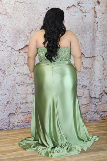 Plus Size Sage Lace Corset Satin Maxi Dress with Slit | Divas Fashion Boutique
