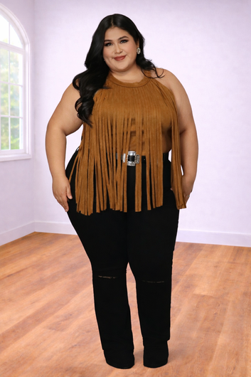 Plus Size Brown Fringe Halter Top | Divas Fashion Boutique