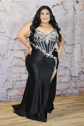Plus Size Crystal Embellished Satin Bodycon Maxi Dress with Slit | Divas Fashion Boutique
