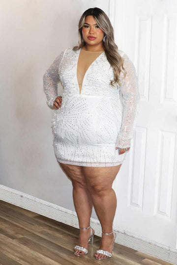 Ariche Rhinestone/Pearl Long Sleeve Mini Dress Divas Plus Boutique