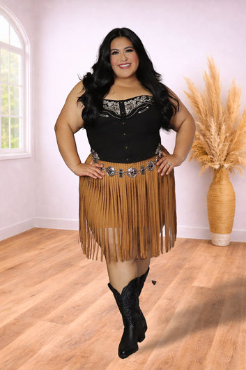 Plus Size Camel Western Fringe Skirt | Divas Fashion Boutique